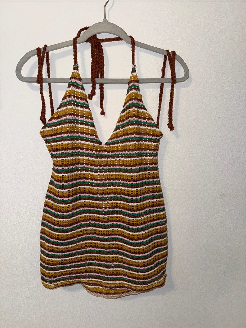 wild fable Striped Crochet Halter Mini in Brown, Green & Cream